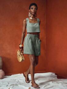 Zivah 2025春夏新款度假休闲优雅母亲节婚礼季音乐节派对夜店无袖方领上衣与纹理纯色短裤两件套-棕色 - 綠色 - 查看 5