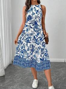 SHEIN LUNE Große Größen Ärmellose A-Linien Lässig Kleid mit Allover-Muster für Damen, Sommer Urlaubsoutfit Frau Boho Strandoutfit für Frau, Urlaubsoutfits Frühling & Sommer Lässig Urlaub Bohemien Porzellan-Muster Ärmellos knöchellang Kleid für berufstätige Lässig Frau - Blau-Weiß - Übersicht 1
