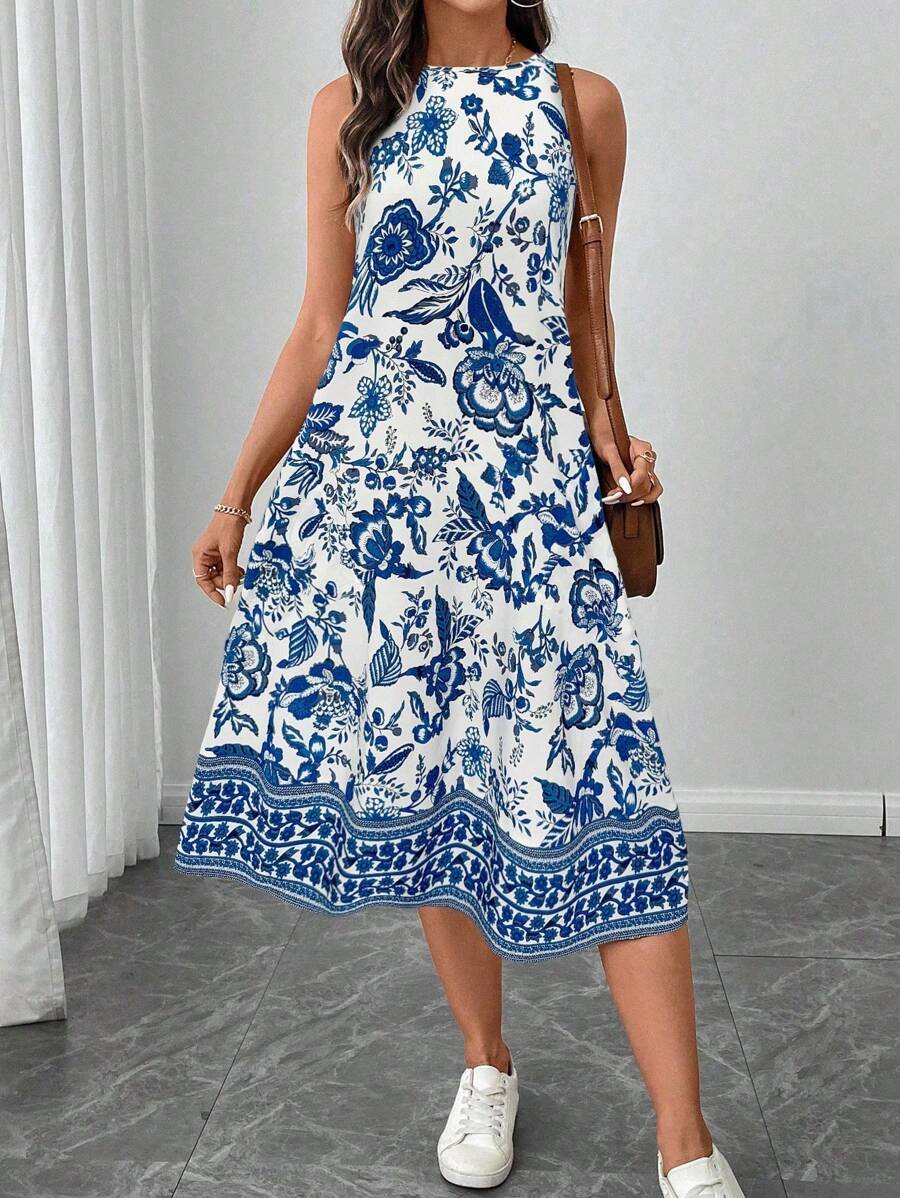 SHEIN LUNE Große Größen Ärmellose A-Linien Lässig Kleid mit Allover-Muster für Damen, Sommer Urlaubsoutfit Frau Boho Strandoutfit für Frau, Urlaubsoutfits Frühling & Sommer Lässig Urlaub Bohemien Porzellan-Muster Ärmellos knöchellang Kleid für berufstätige Lässig Frau - Blau-Weiß - Übersicht 1