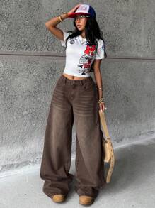 Coolane 少女休闲宽松水洗阔腿牛仔裤 - 棕色 - 查看 2