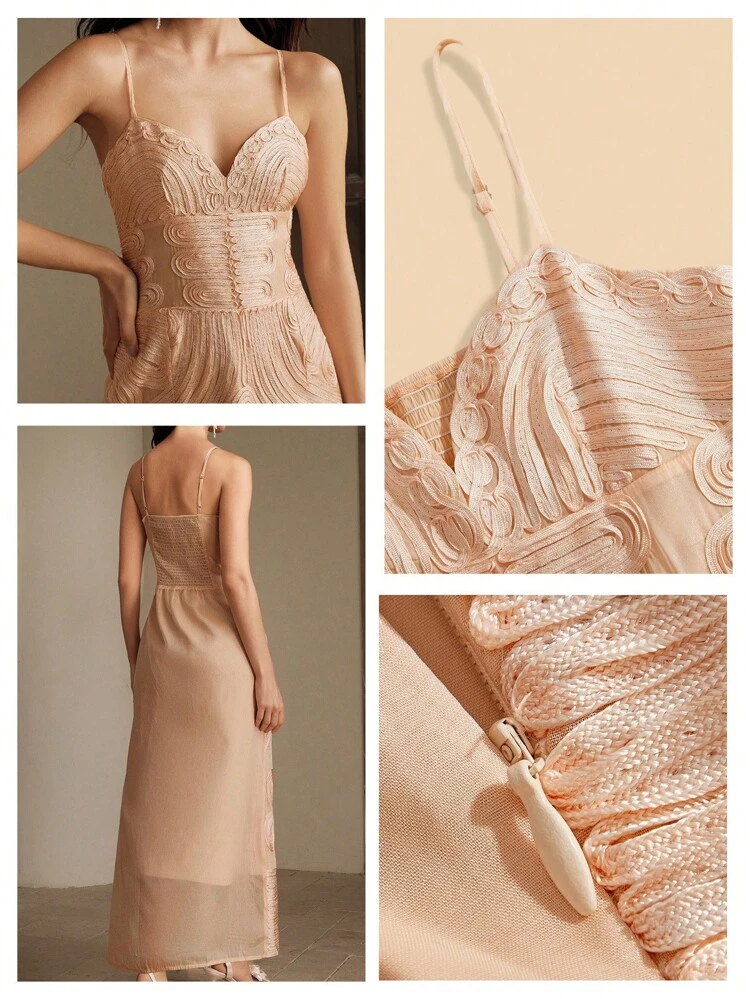 Vestido largo sin mangas de color sólido con cintura ceñida y detalles con adornos