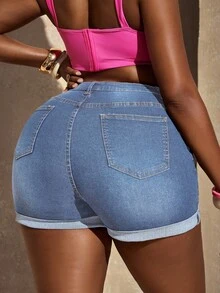 Slaydiva Plus Size Fashion Street Style Tight Fit Casual Denim Shorts For Summer Ripped Denim Shorts - Medium Wash - View 3