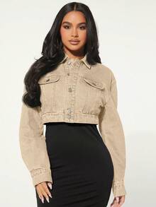 SHEIN SXY Women's Long Sleeve Single-Breasted Casual Loose Short Denim Jacket - Apricot - View 5