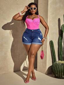 Slaydiva Shorts de mezclilla rotos con dobladillo acampanado, de estilo de moda urbana casual para mujer de talla grande, para verano