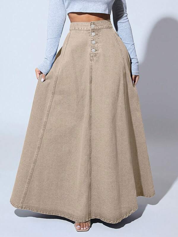 SHEIN SXY Solid Color Front Button Closure Elegant Work Wear Long Denim A-Line Skirt