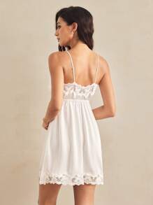 Charlaine Contrast Lace Satin Slip Pajama Night Dress Luxeloungewear - White - View 2