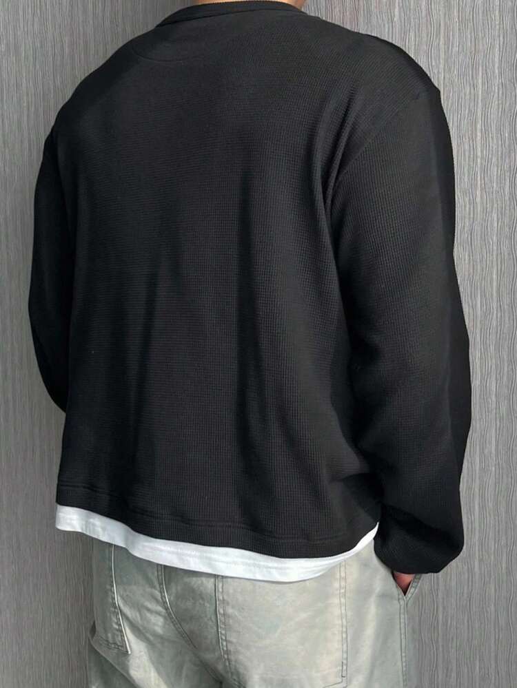 Men's Black T-Shirt With Pieced Collar And Hem, Designed As 2 In 1, Autumn