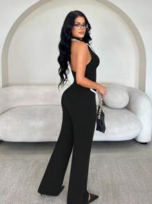 SHEIN SXY 女款優雅性感高端黑白夏季兩件式褲裝套裝，老錢風無袖西裝外套搭配長直筒長褲，適合夜店穿著 - 黑與白 - 查看 3
