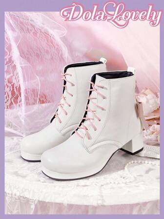 Dola Lovely Damen süße Mode Absatz-Schnürstiefel in Blockabsatz-Form bis zur Mitte des Knöchels