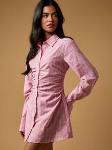 MISSGUIDED Long Sleeve Button Down Mini Dress Collared Ruched Waist Striped Shirt Dress Fall Winter Spring Fashion Statement Business Professional Attire Classic Design - Pink - View 1