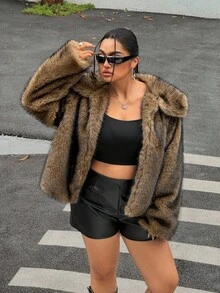 Muchica Plus Size Casual Turndown Collar Open Front Faux Fur Coat Winter Fall Autumn - Brown - View 3