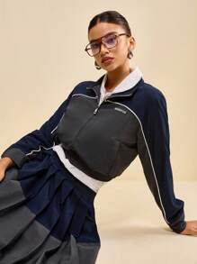 Muvela Chaqueta sofisticada de estilo universitario retro con contraste de color, adecuada para otoño, temporada de vuelta al colegio, salidas diarias, estilo campus, viajes, aeropuerto, deportes vintage, elegante