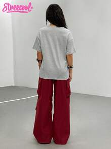 2件套青少年女孩夏季休闲字母印花圆领短袖T恤和工装裤套装 - 酒紅色 - 查看 2