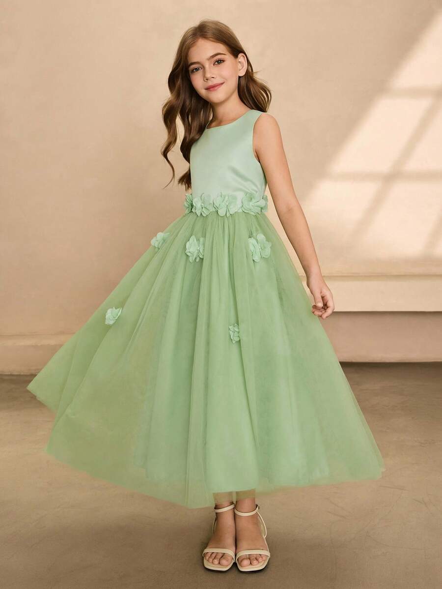 女孩高贵绿色圆领无袖3D花卉薄纱连衣裙，适合派对、宴会、度假、晚会、婚礼、花童表演、生日等场合 - 綠色 - 查看 1