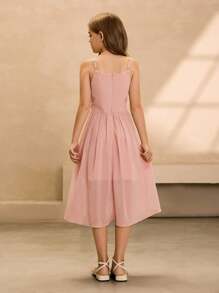 Đầm dự tiệc dài vừa phải hở vai dây mảnh màu hồng sang trọng thanh lịch dành cho bé gái tuổi mới lớn, thích hợp cho tiệc sinh nhật, đám cưới, vũ hội, tiệc chiêu đãi, biểu diễn, phù dâu và kỳ nghỉ - Hồng - Xem 2