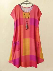 EMERY ROSE Đầm suông dáng suông tay ngắn kẻ caro cổ tròn cánh dơi cỡ lớn cho nữ, mùa hè - Màu Hồng Tươi - Xem 1