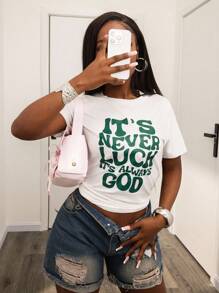 INAWLY 女式夏季圆领短袖休闲T恤，带标语印花，永远是幸运，永远是上帝，图案T恤女式上衣