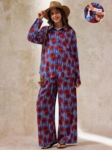 Boho Mama 2 pièces Ensemble de grossesse casual : chemise boutonnée à manches longues à rayures géométriques et pantalon ample