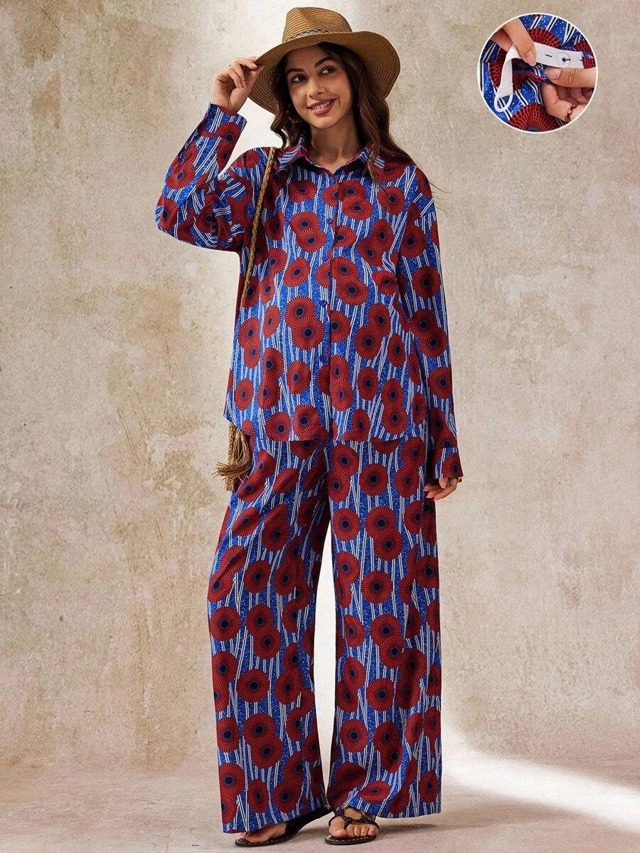 Boho Mama 2 pièces Ensemble de grossesse casual : chemise boutonnée à manches longues à rayures géométriques et pantalon ample