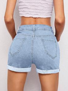 SHEIN ICON 女士浅色简约休闲牛仔短裤 - 淺色水洗藍 - 查看 2