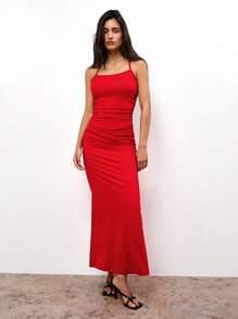 Maija Red Lace-Up Design Knitted Fitted A-Line Dress For Women, Suitable For Spring/Summer Festivals - Red - View 2