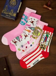 HARRY POTTER X SHEIN 4 Pairs Soft & Breathable Moisture-Wicking Casual Women Crew Socks With Fashionable And Cute Pink Crew Socks Reinforced Toe & Heel For Durability Unisex For Men & Women All Season All-Match,Christmas