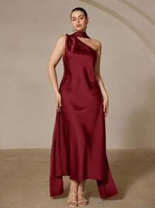Aveloria Rosie Plus Size Sleeveless Midi Dress With Asymmetrical Asymmetric Hem, High Waist, Wrapped Satin Scarf, Party Dress - Burgundy - View 6