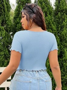 SHEIN EZwear Women Plus Size Waffle V-Neck Tied Front Bow Cropped T-Shirt, Solid Color For Summer - Baby Blue - View 2