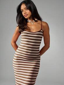 MISSGUIDED Đầm maxi ôm sát không tay kẻ sọc, dây mảnh, thích hợp cho mùa hè, đi biển, nghỉ dưỡng, nghỉ mát, ôm sát cơ thể, dài đến mắt cá chân, dự tiệc tối. - Cà phê nâu - Xem 3