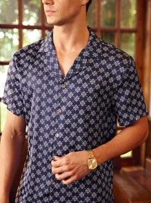 EverLounge Men's Geometric Print Short Sleeve Buttoned Top & Pants Homewear Set - Multicolor - View 6