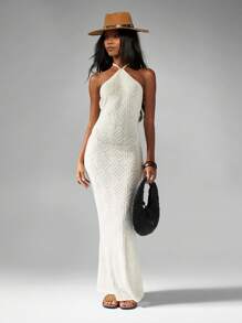 MISSGUIDED Crochet Knit Diamond Pattern Halter Neck Maxi Dress Summer Wedding Guest Boho Long Elegant Beach Formal Evening Gown Dress Vacation Party - Apricot - View 1