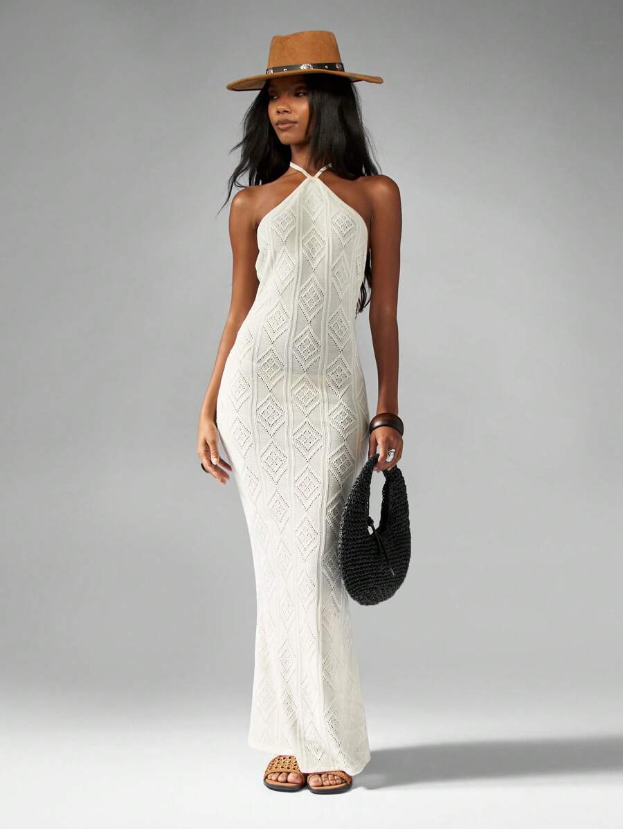 MISSGUIDED Crochet Knit Diamond Pattern Halter Neck Maxi Dress Summer Wedding Guest Boho Long Elegant Beach Formal Evening Gown Dress Vacation Party - Apricot - View 1