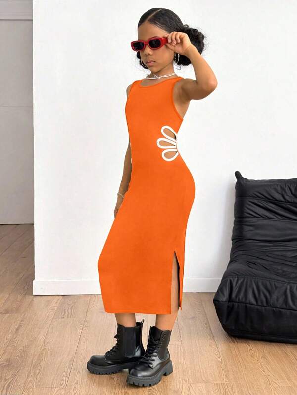 SHEIN Rochie neagră, confortabilă, casual, cu talie goală și flori, pentru fete preadolescente, de vară