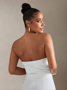 Hauture 女士纯色褶饰设计抹胸短款上衣，性感修身 - 白色 - 查看 5