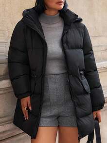 EURMUSE Women's Detachable Hooded Adjustable Drawstring Waist Flap Pocket Winter Coats - Black - View 5