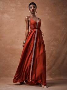 Zivah 2025 Sommer Neue Urlaubs-Rot-Braun Träger Wickel Rückenfreies Träger Damen Maxikleid, Urlaub, Boho, Reise, Party, Tägliche Reise, Abschlussfeier, Flughafen-Outfit, Brunch-Outfit, Nomadischer Retro Stil-A