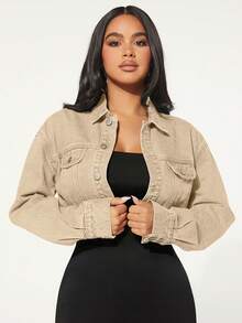 SHEIN SXY Women's Long Sleeve Single-Breasted Casual Loose Short Denim Jacket - Apricot - View 2