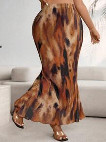 SHEIN CURVE+ Plus Size Fashion Casual Everyday Versatile Slim Fit Women Skirt Animal Print Skirt Plus Size Skirt Brown Maxi Skirt Pleated Skirt Earth Tone Skirt Fall Cloth For Women Cheetah Print Skirt Long Brown Skirt Mermaid Skirt - Coffee Brown - View 3