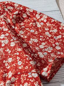 SHEIN CURVE+ 大码女式碎花泡泡袖休闲衬衫 - 紅色 - 查看 4