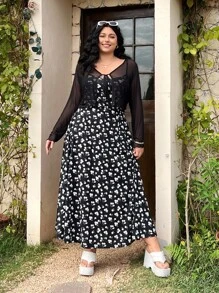 大码两件套：碎花腰部修身喇叭裙 + 透视夹克，春夏 - 黑與白 - 查看 5