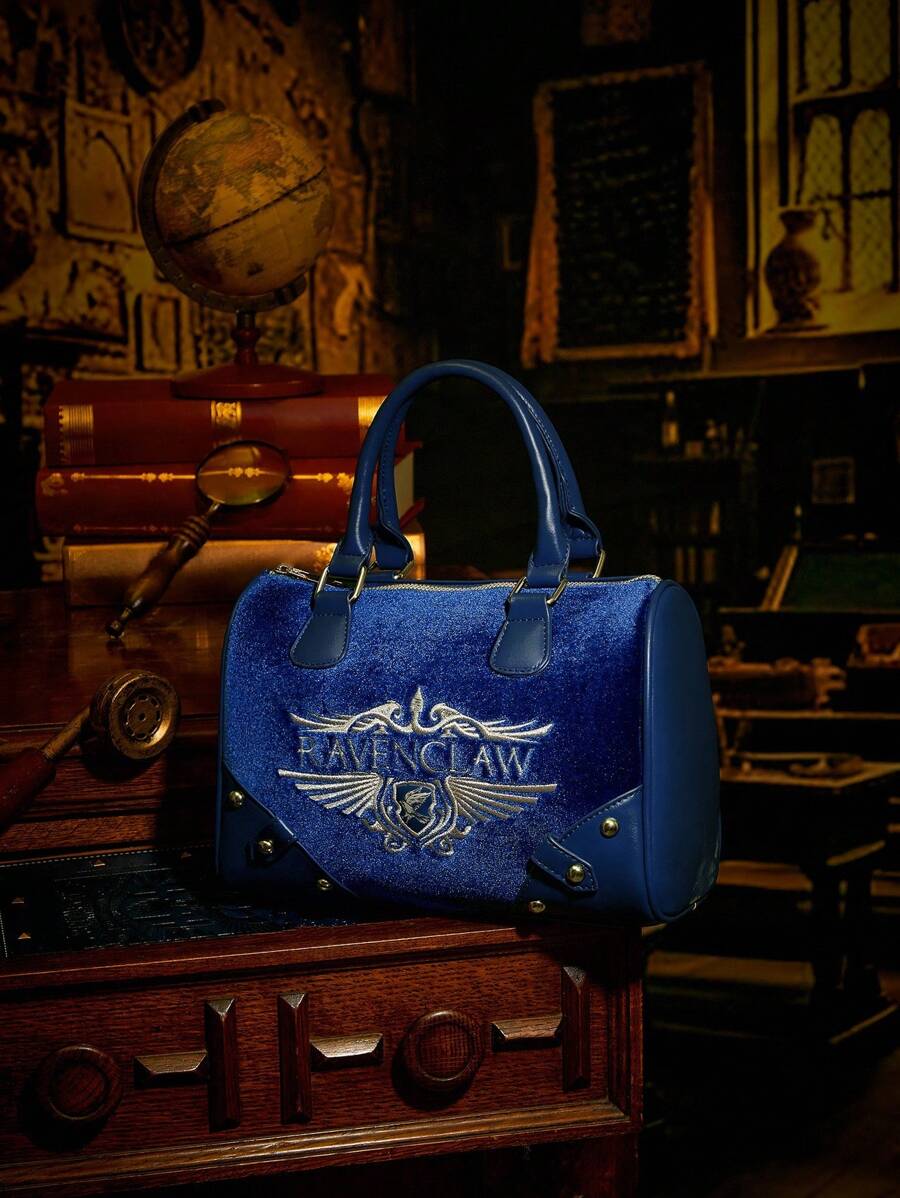 HARRY POTTER X SHEIN Letter Embroidery Fashion Elegant Blue Velvet Top Handle Bag - Blue - View 1