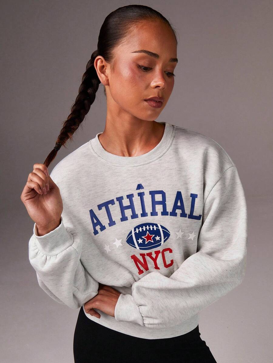 Athîral Áo nỉ in chữ thắt eo thường ngày cho nữ, Thu/Đông - Xám - Xem 1