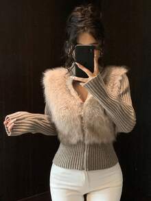 DAZY Thick Knitted Faux Fur Patchwork High Collar Zip-Up Cardigan Jacket For Women, Autumn/Winter