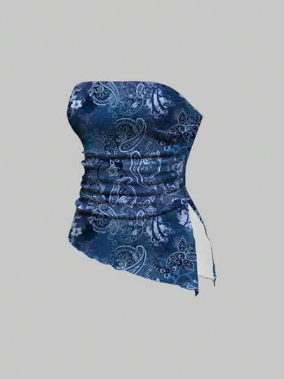 Fairycore Blusa casual estiva da donna con retrò floreale a tubo e arricciatura