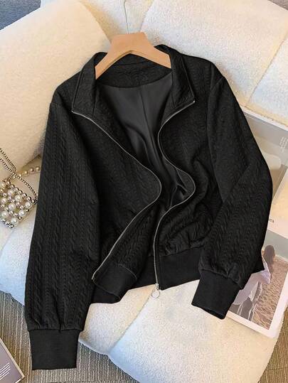 SHEIN LUNE Plus-size dames zwarte casual jas met rits, veelzijdige dagelijkse bovenkleding