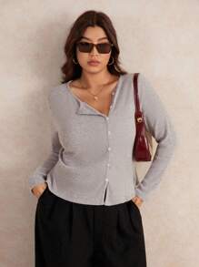 Elaquor Plus Size Women Casual All-Match Solid Color Elastic Ribbed Long Sleeve T-Shirt, Autumn,Business Casual Woman,Fall Clothes For Women - Grey - View 5