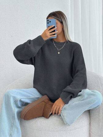 SHEIN Women Solid Color Round Neck Drop Shoulder Chunky Pullover