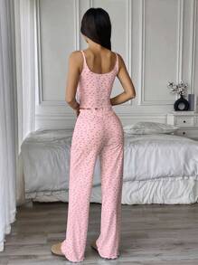 Flirla 2pcs Ribbed Fabric Camisole Top And Pants Casual Loungewear Set - Pink - View 2
