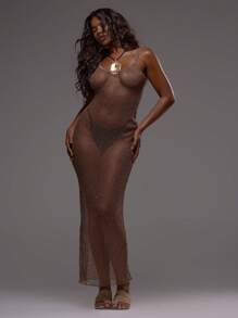 Musera Resort 细肩带露背纹理透视针织修身长裙罩衫沙滩泳装度假夏季假日可爱性感波西米亚风 - 棕色 - 查看 5