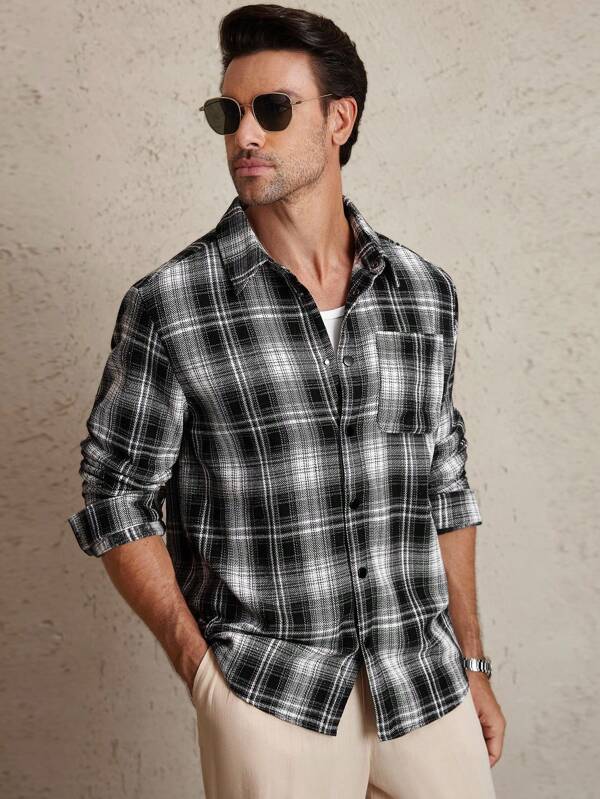 Manfinity CasualCool Men Plaid Long Sleeve Single Breasted Pocket Casual Shacket